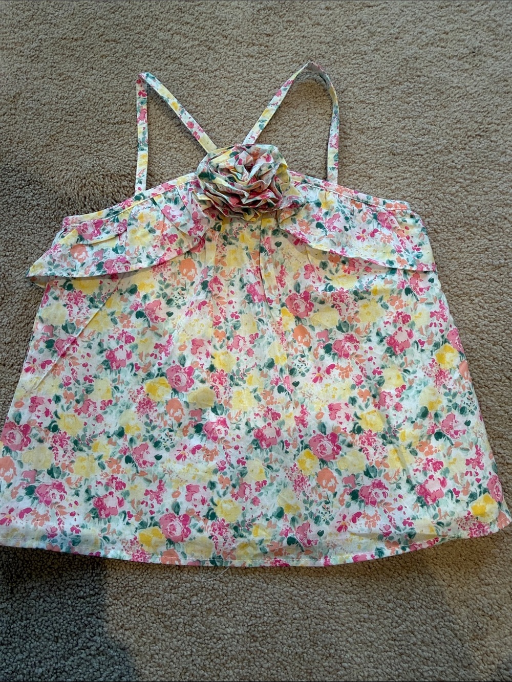 Floral Ruffle Tank Top with Rosette - Pink & Yellow